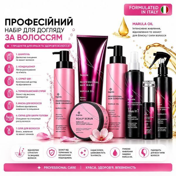 Набір для відновлення волосся Bogenia Marula Oil 7в1 &mdash; шампунь, маска, кондиціонер, олія, скраб, термозахист та спрей 12в1 BG00021BF фото